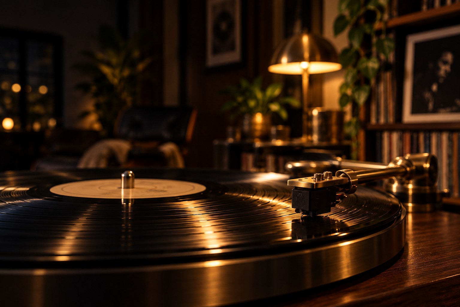 Toca-discos em uma sala de madeira, com plantas e luz quente