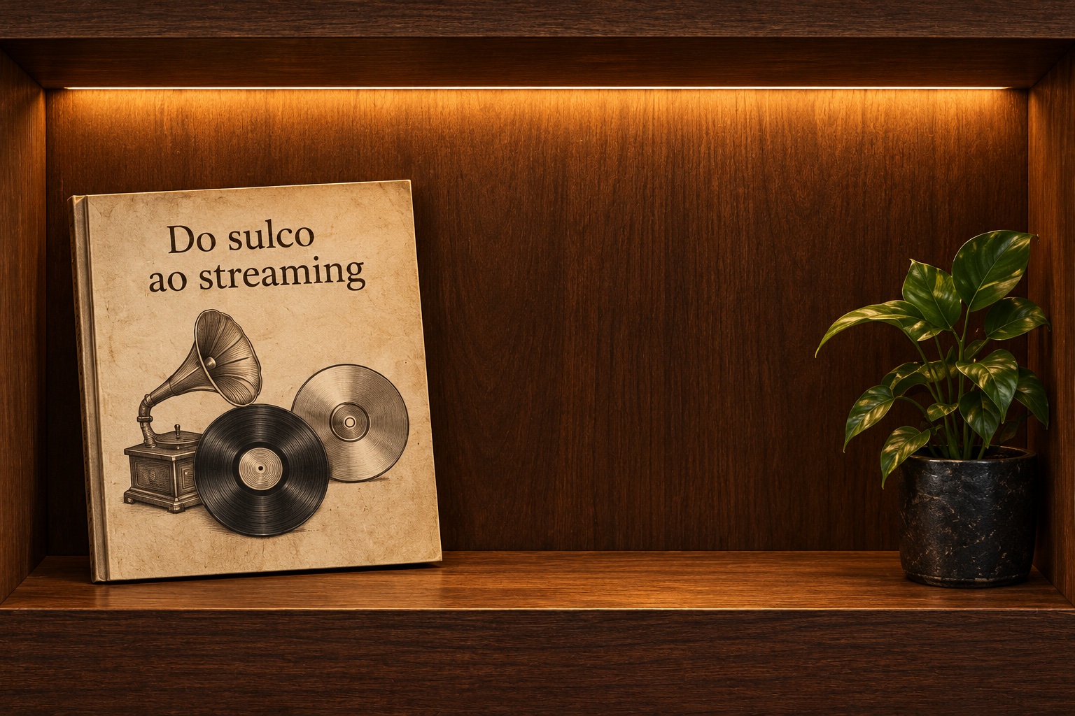 Livreto sobre a história da música em uma prateleira iluminada