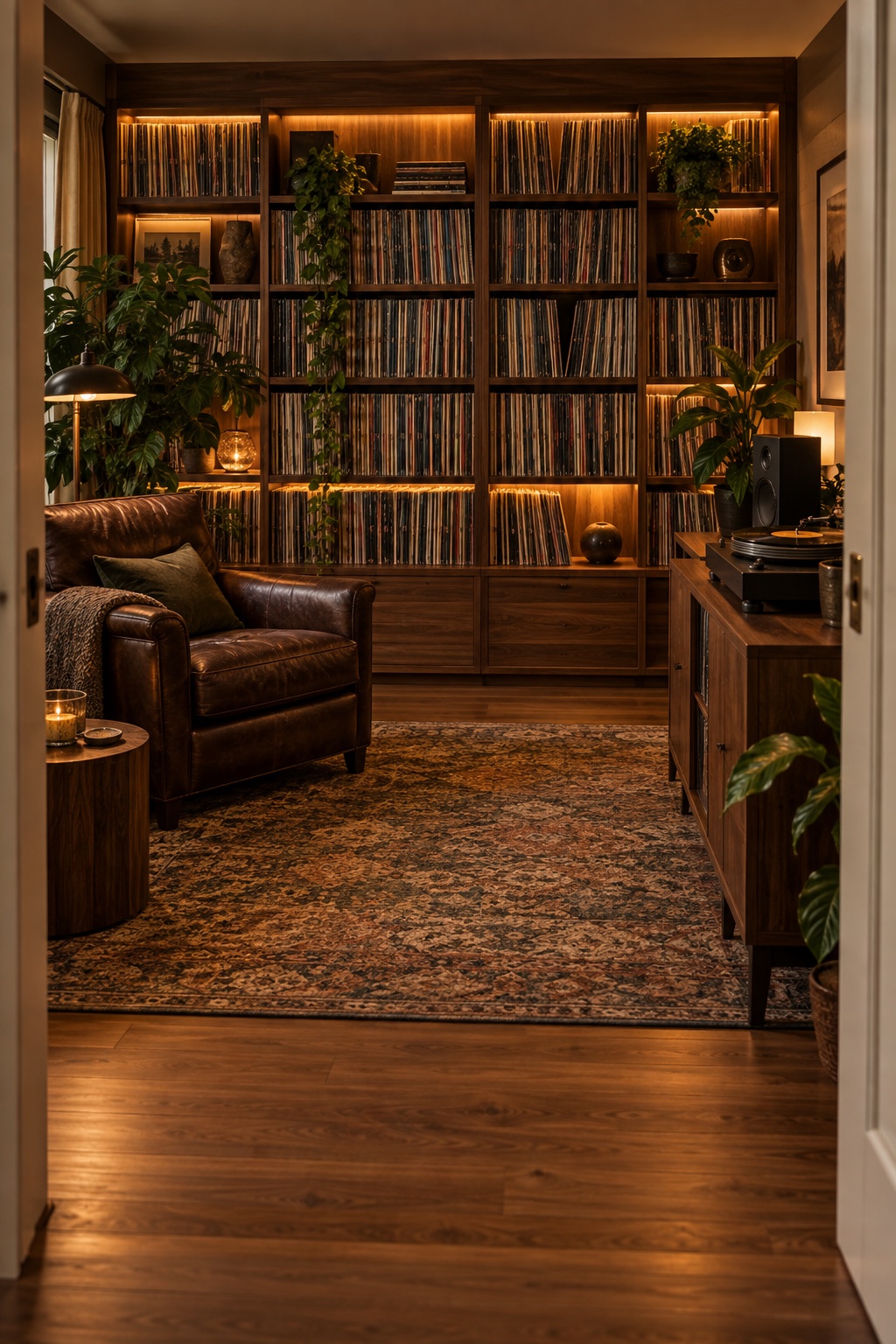 Sala de escuta com poltrona, plantas e uma coleção de discos